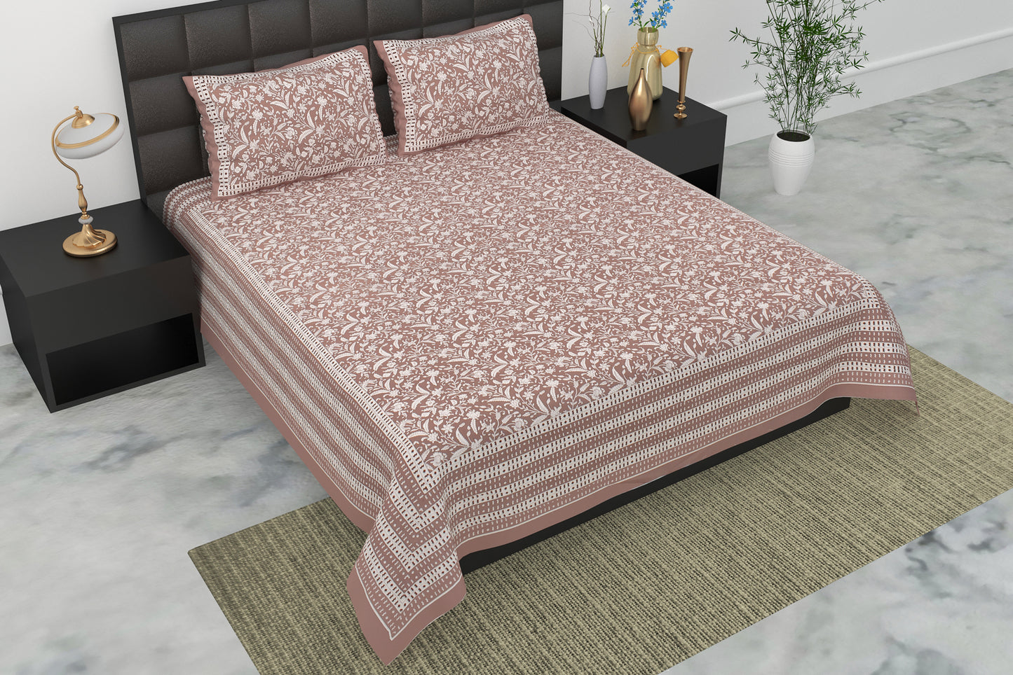 Pearl Ek Moti Floral Vine Pure Cotton Double Bedsheet with 2 Pillow Covers