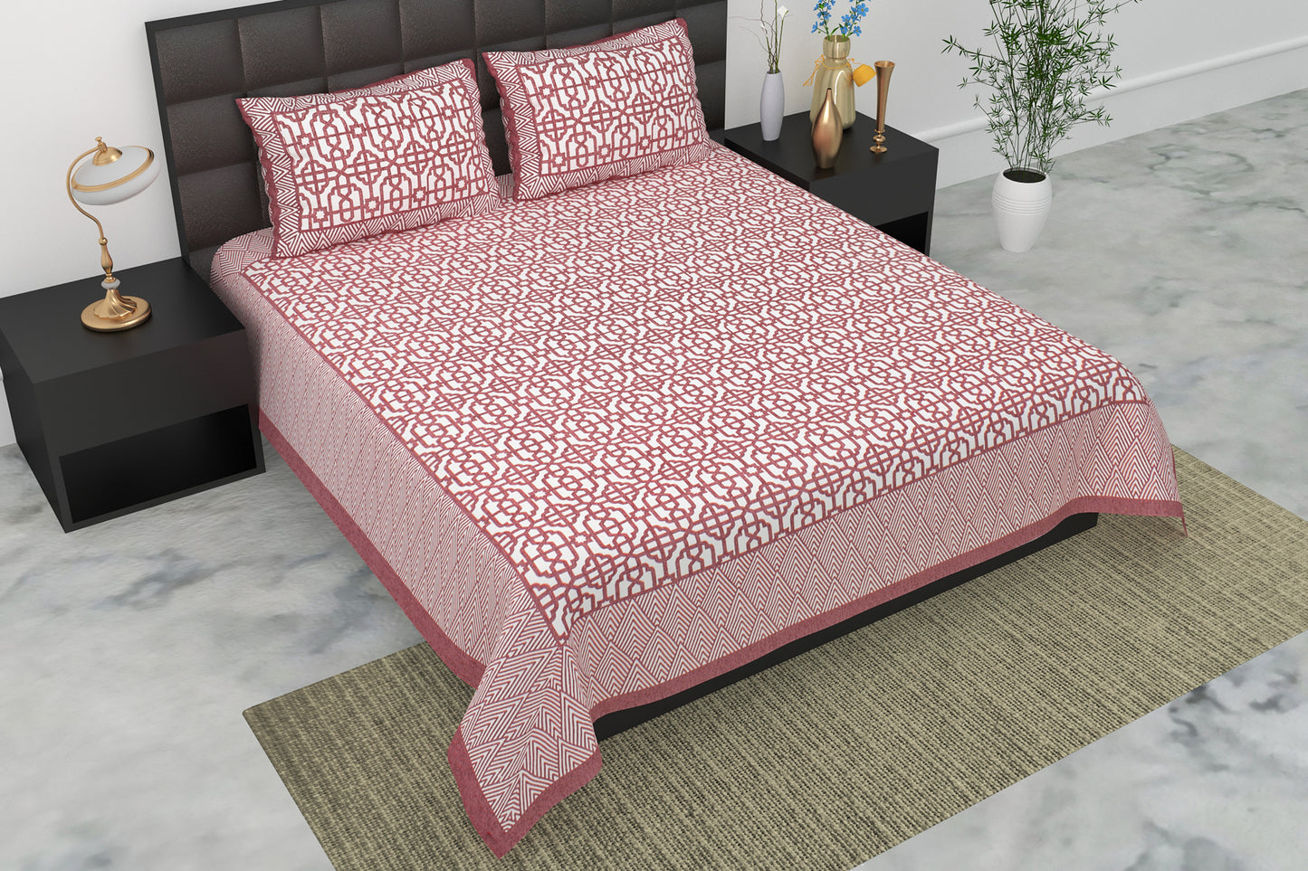Pearl Ek Moti Geometric Printed Pure Cotton Double Bedsheet with 2 Pillow Covers