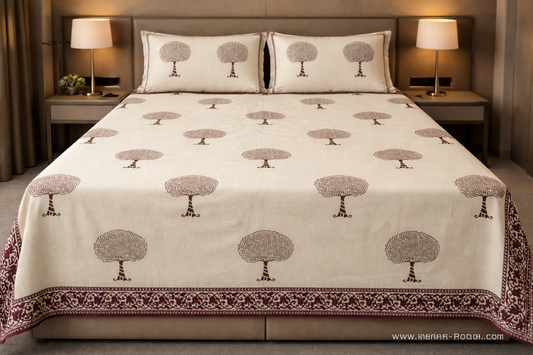 King Size Cotton Bedsheet 93x108 Inches with 2 Pillow Covers | Minimal Tree Buta Design with Border Double Bedsheet