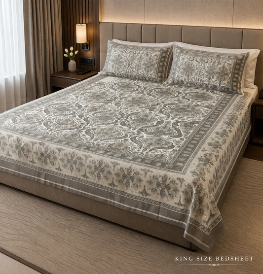 King Size Double Bedsheet 93x100 Inches with 2 Pillow Covers | 100% Pure Cotton | Pearl Ek Moti Mughal Floral Design