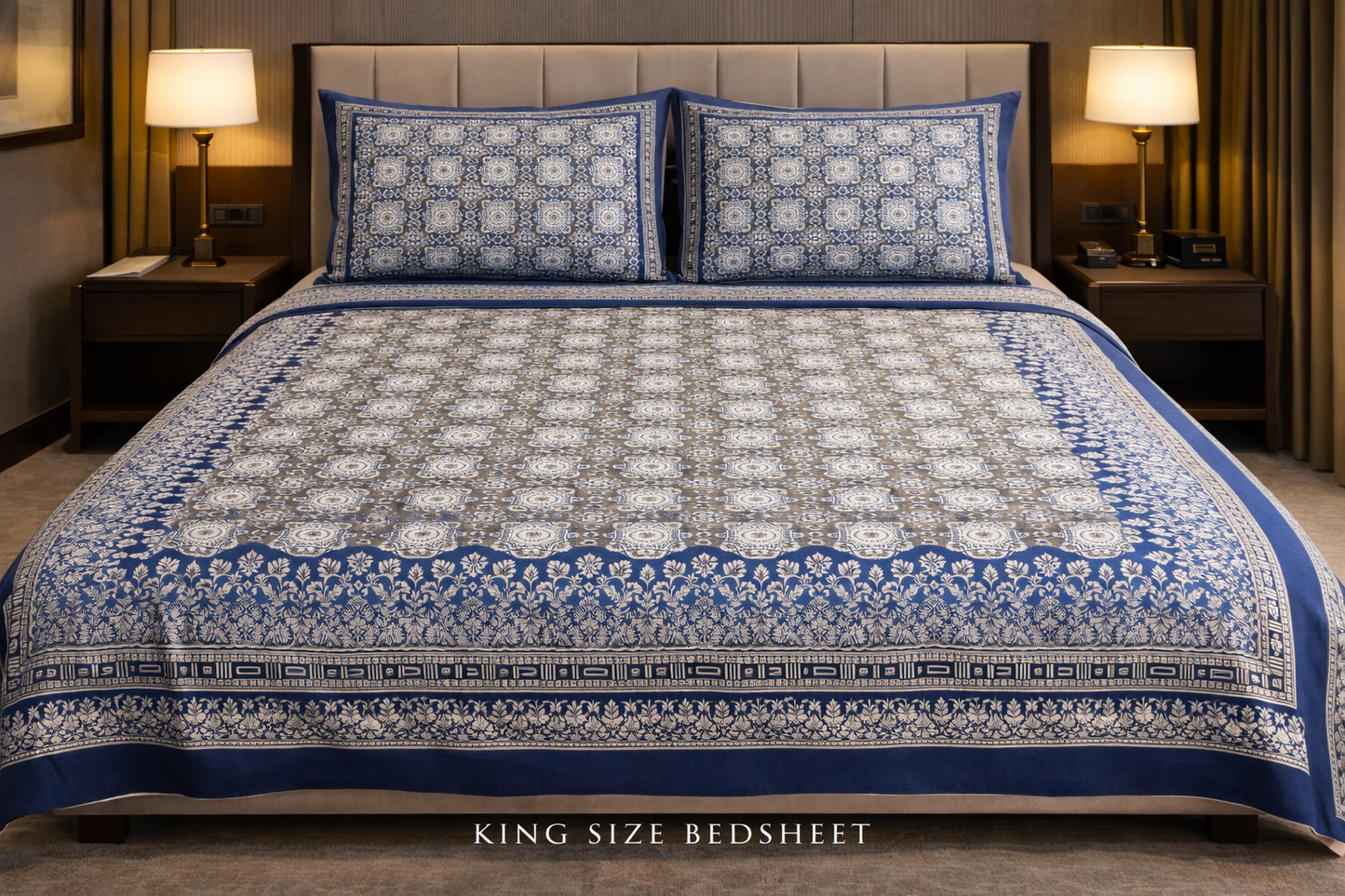 King Size Double Bedsheet 93x100 Inches with 2 Pillow Covers | 100% Pure Cotton | Pearl Ek Moti Floral Jaal Block Print Design