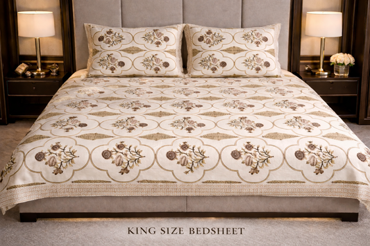 King Size Cotton Bedsheet 93x108 Inches with 2 Pillow Covers | Mughal Jaali Frame Floral Print Double Bedsheet