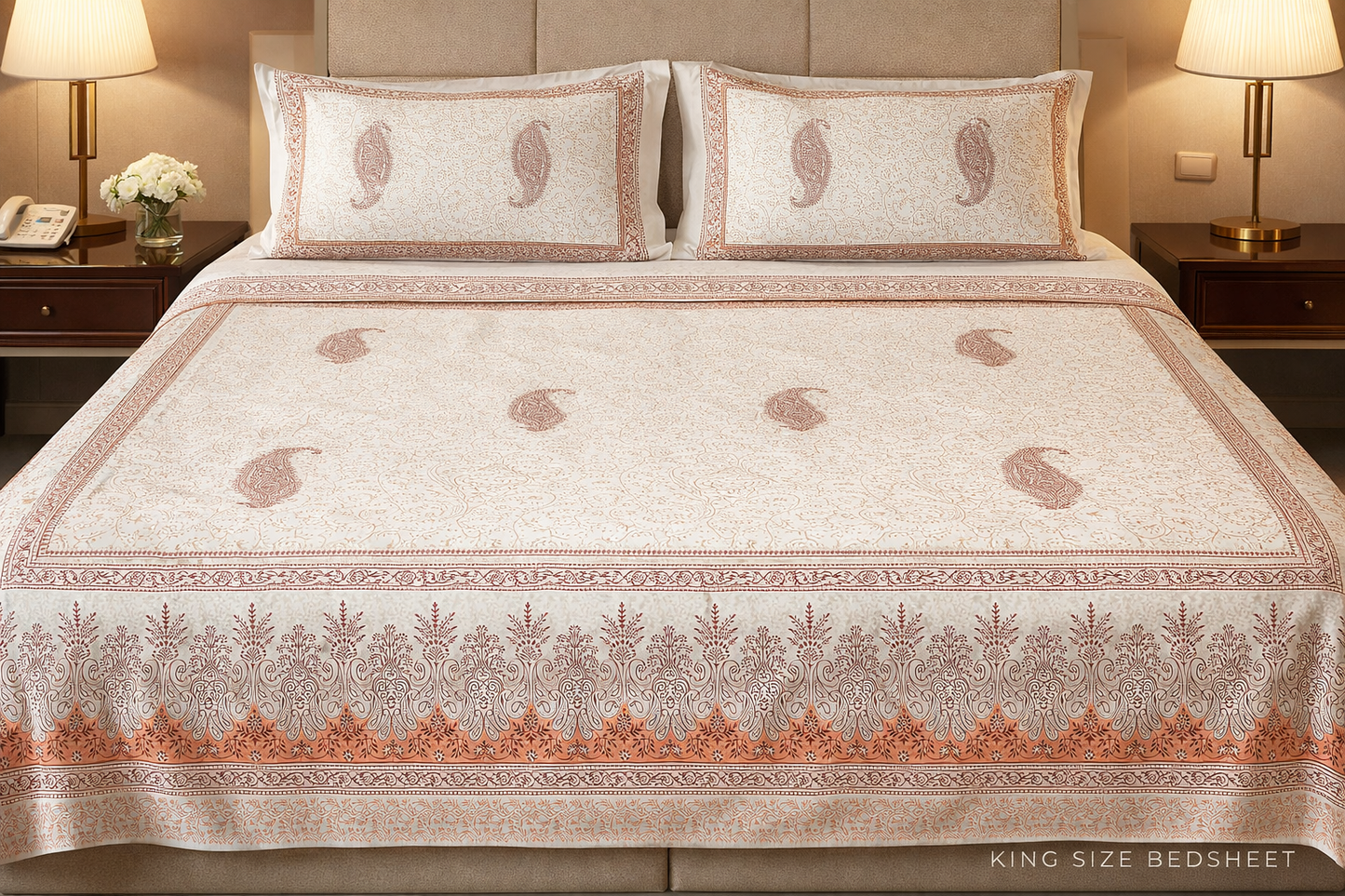 King Size Cotton Bedsheet 93x108 Inches with 2 Pillow Covers | Elegant Paisley Buta Border Design Double Bedsheet