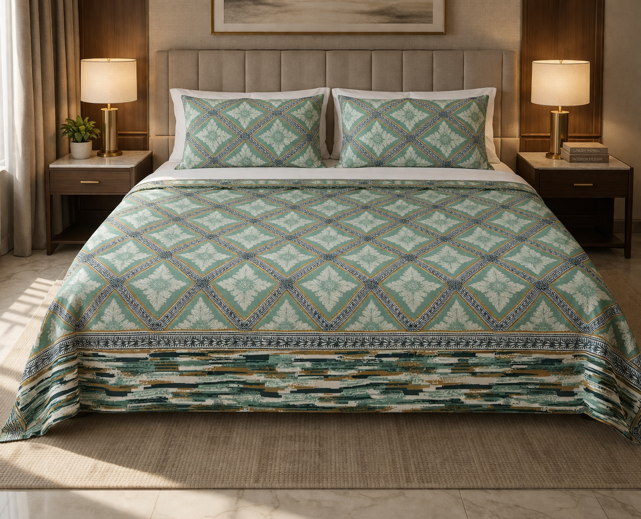 King Size Cotton Bedsheet 93x108 Inches with 2 Pillow Covers | Premium Diamond Floral Lattice Design Double Bedsheet