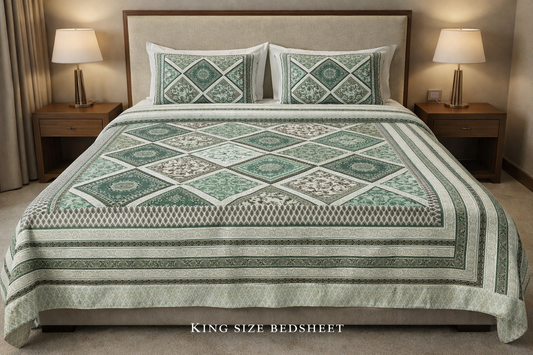 King Size Cotton Bedsheet 93x108 Inches with 2 Pillow Covers | Premium Patchwork Diamond Floral Design Double Bedsheet