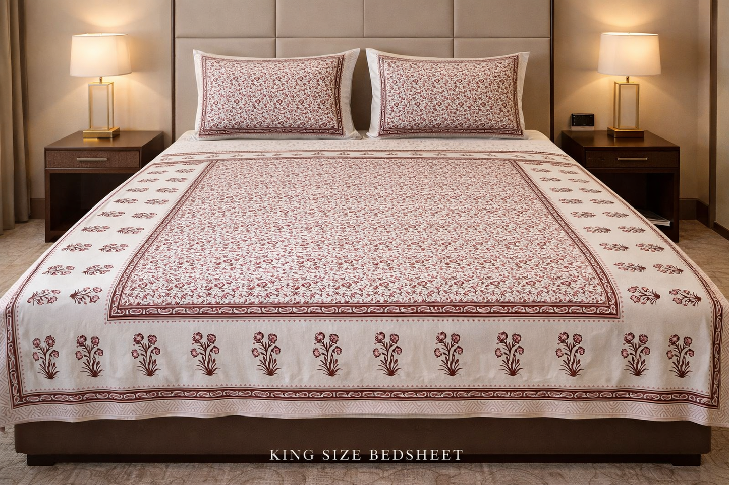 King Size Cotton Bedsheet 93x108 Inches with 2 Pillow Covers | Oxford Floral Border Premium Double Bedsheet