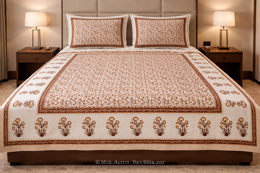 King Size Cotton Bedsheet 93x108 Inches with 2 Pillow Covers | Oxford Floral Border Premium Double Bedsheet