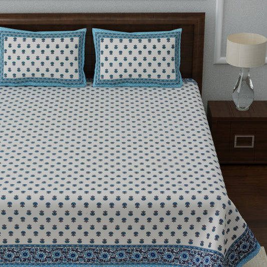 Jaipuri Cotton King Size Bedsheet 95x108 | Traditional Floral & Buta Print with Pillow Covers