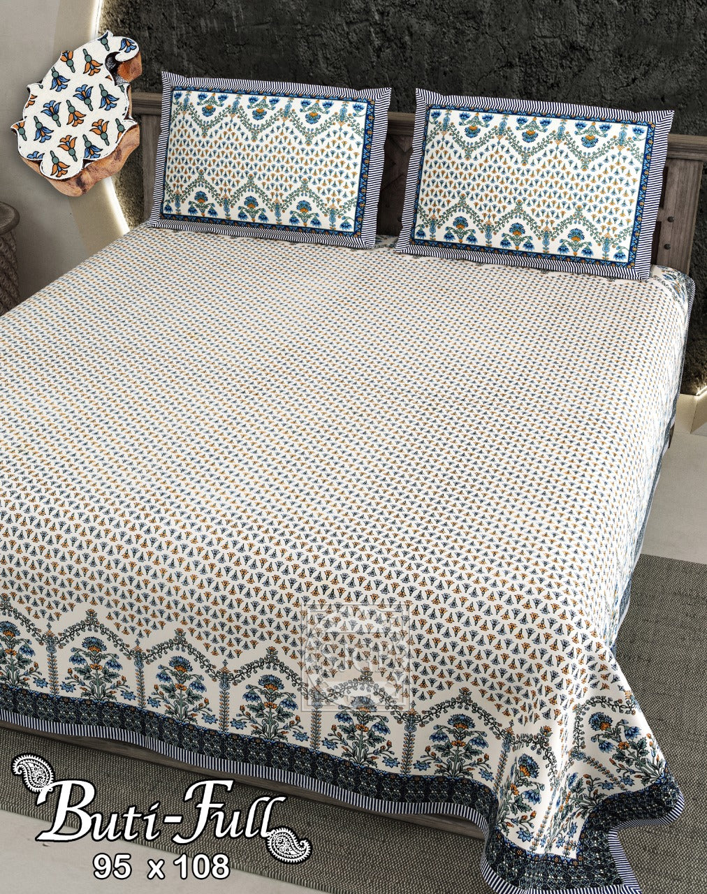 Buti Print King Size Cotton Bedsheet 95x108 with 2 Pillow Covers | Pure Cotton Bedding