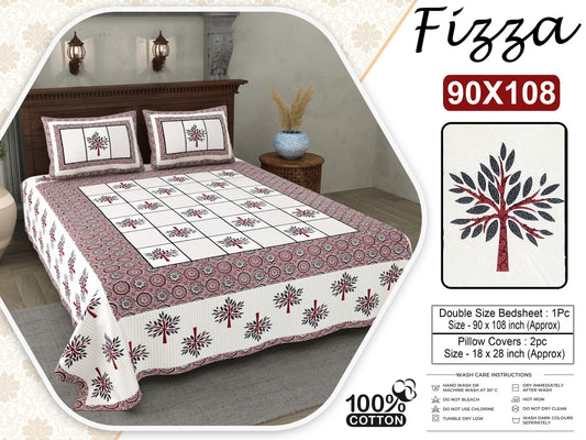 King Size Cotton Bedsheet 90x108 with Tree Motif Print & 2 Pillow Covers | Fizza