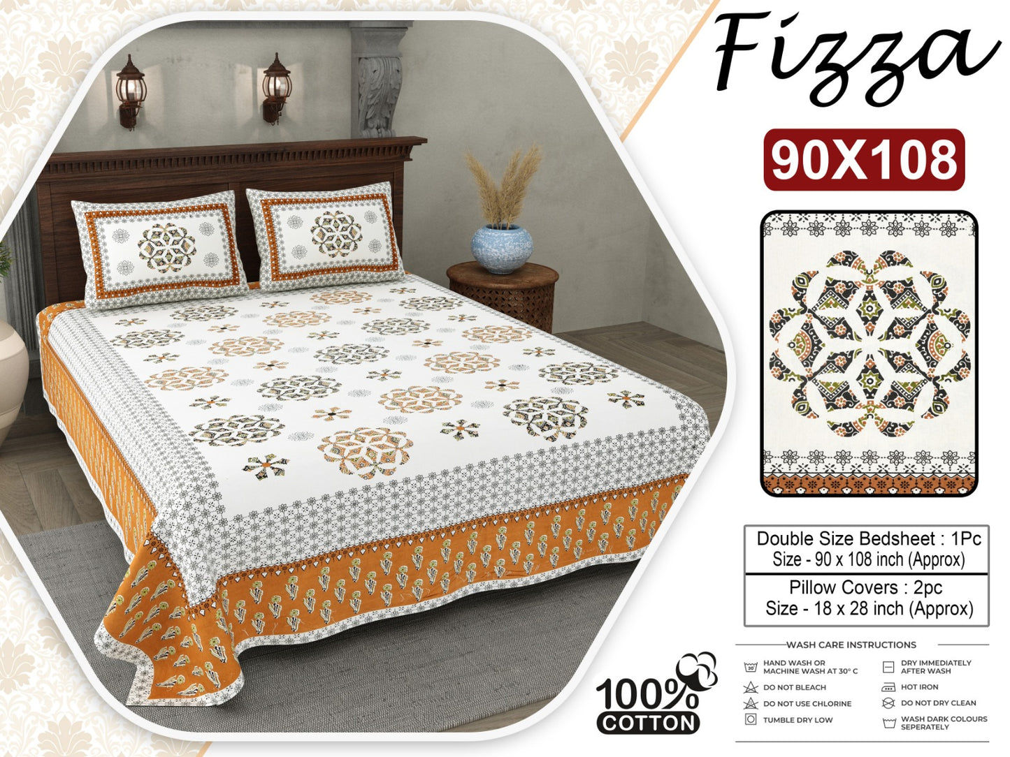 Mandala Print King Size Cotton Bedsheet 90x108 with 2 Pillow Covers | Fizza