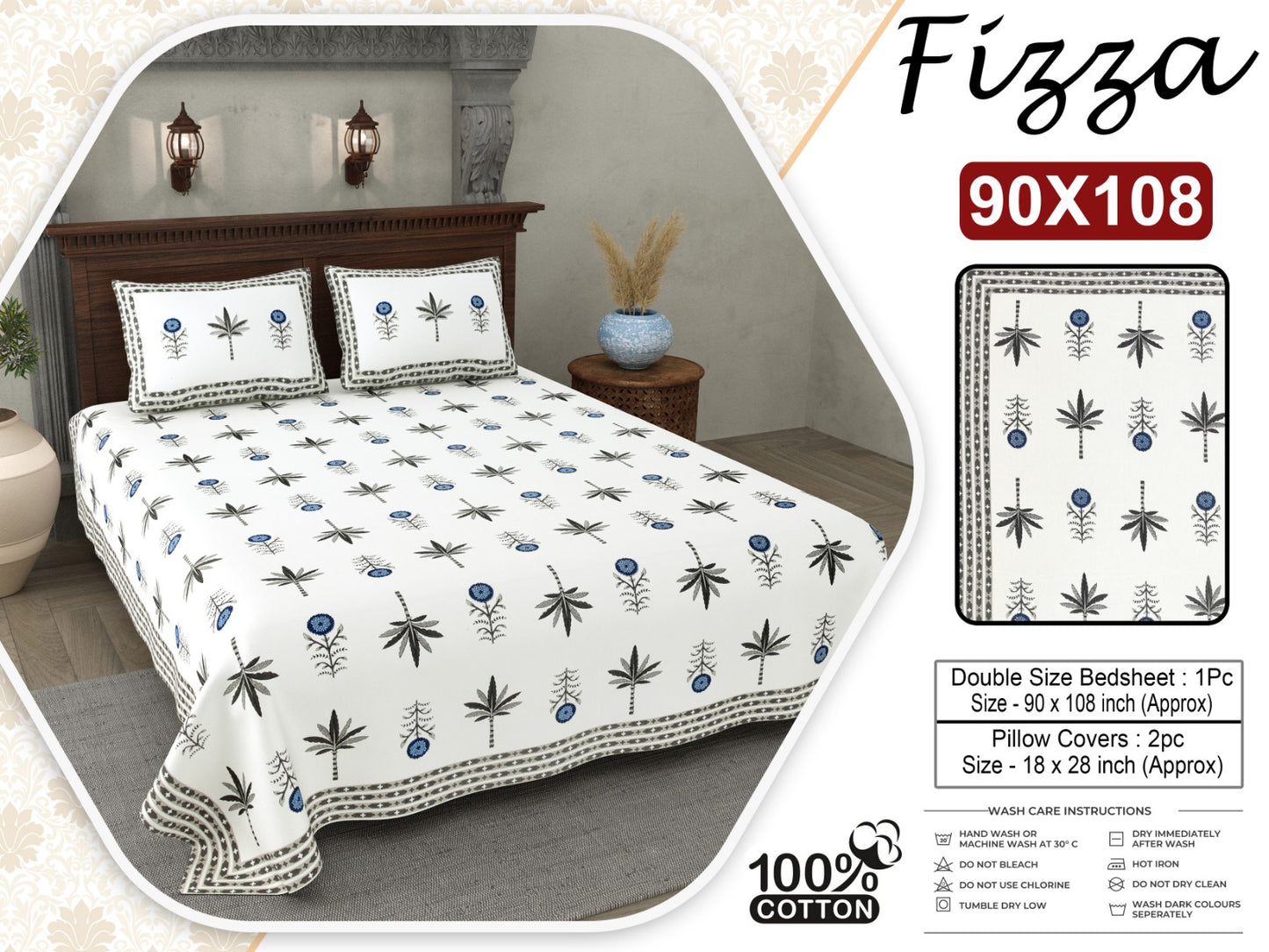 Leaf Print King Size Cotton Bedsheet 90x108 with 2 Pillow Covers | Fizza