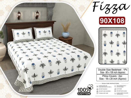 Leaf Print King Size Cotton Bedsheet 90x108 with 2 Pillow Covers | Fizza