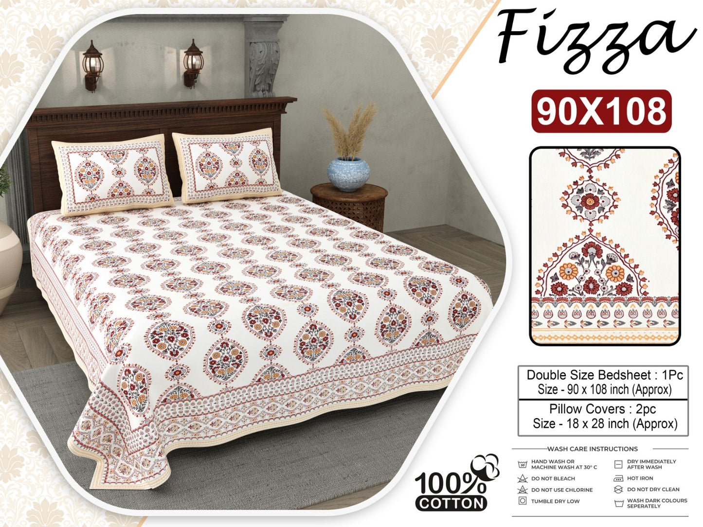 Paisley Print King Size Cotton Bedsheet 90x108 with 2 Pillow Covers | Fizza