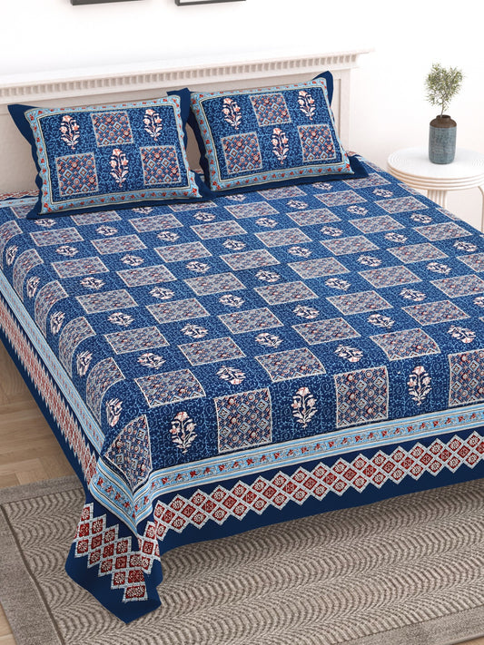 Jaipuri Print Cotton King Size Bedsheet with 2 Pillow Covers | Ethnic Traditional Double Bedsheet 95x108 Inches