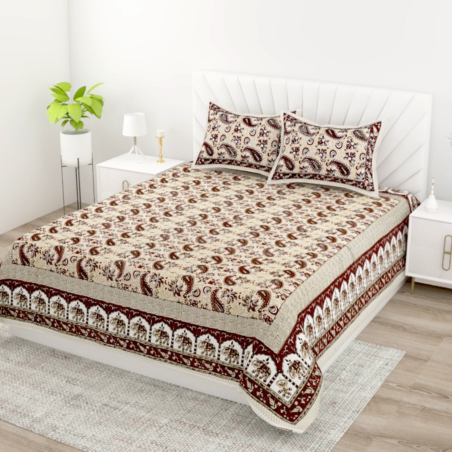 Jaipuri Print Cotton King Size Bedsheet with 2 Pillow Covers | Ethnic Traditional Double Bedsheet 95x108 Inches