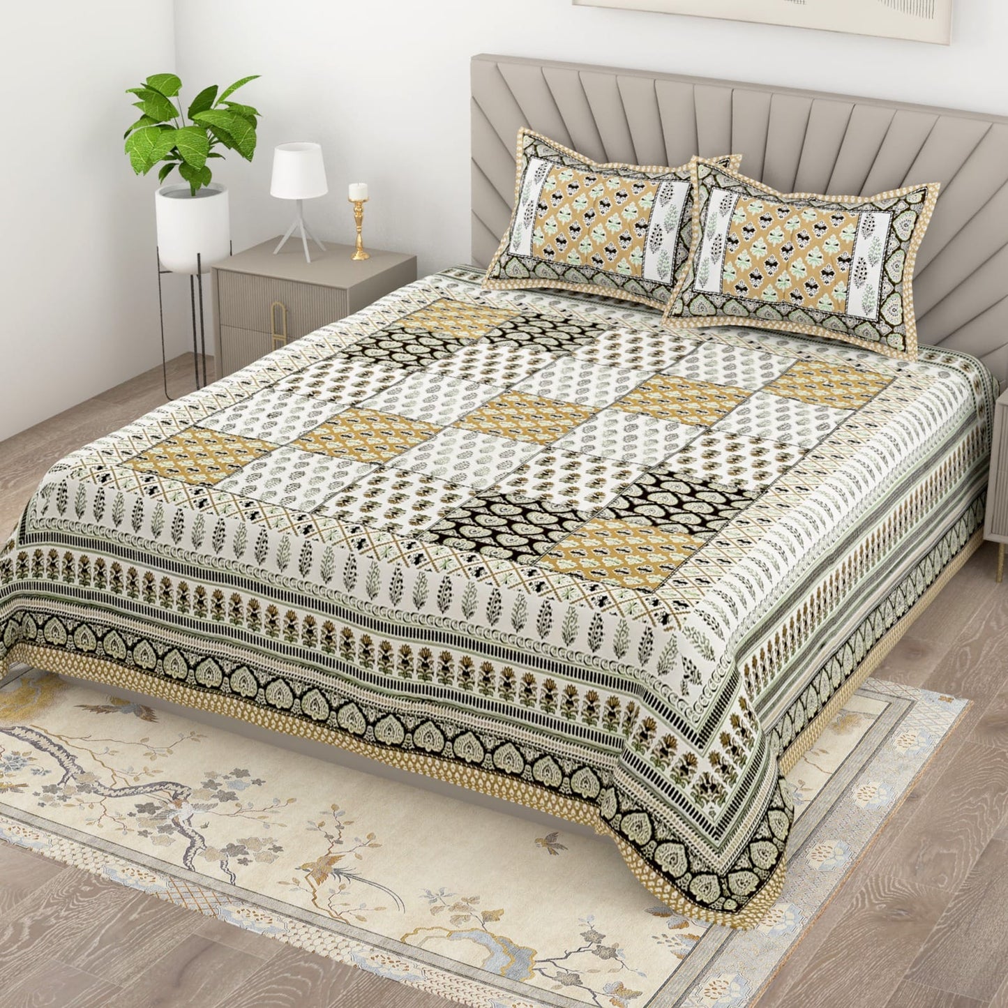 Jaipuri Cotton Bedsheet King Size with Ethnic Prints | Traditional Double Bedsheet with Pillow Covers 95x108 Inches