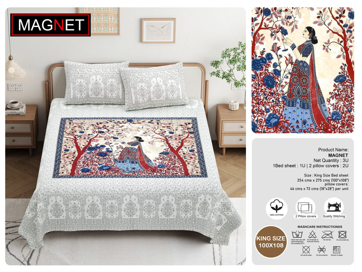 King Size Cotton Bedsheet 100x108 Inches with 2 Pillow Covers | Jaipuri Rajasthani Lady Print Bedsheet | Double Bed Cotton Bedsheet Under 1000