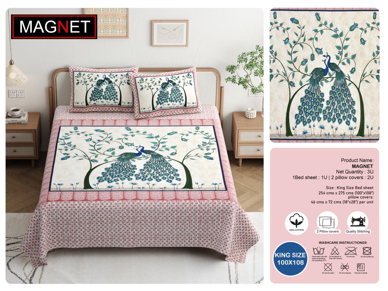 King Size Cotton Bedsheet 100x108 Inches with 2 Pillow Covers | Peacock Jaipuri Printed Bedsheet for Double Bed | Soft Cotton Bedsheet Under 1000