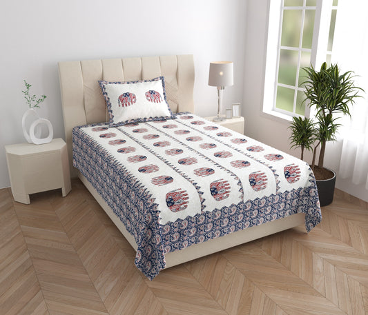 Single Bed Cotton Bedsheet 63x90 with Pillow Cover | Elephant Print Cotton Bedsheet | Soft Breathable Single Bedsheet
