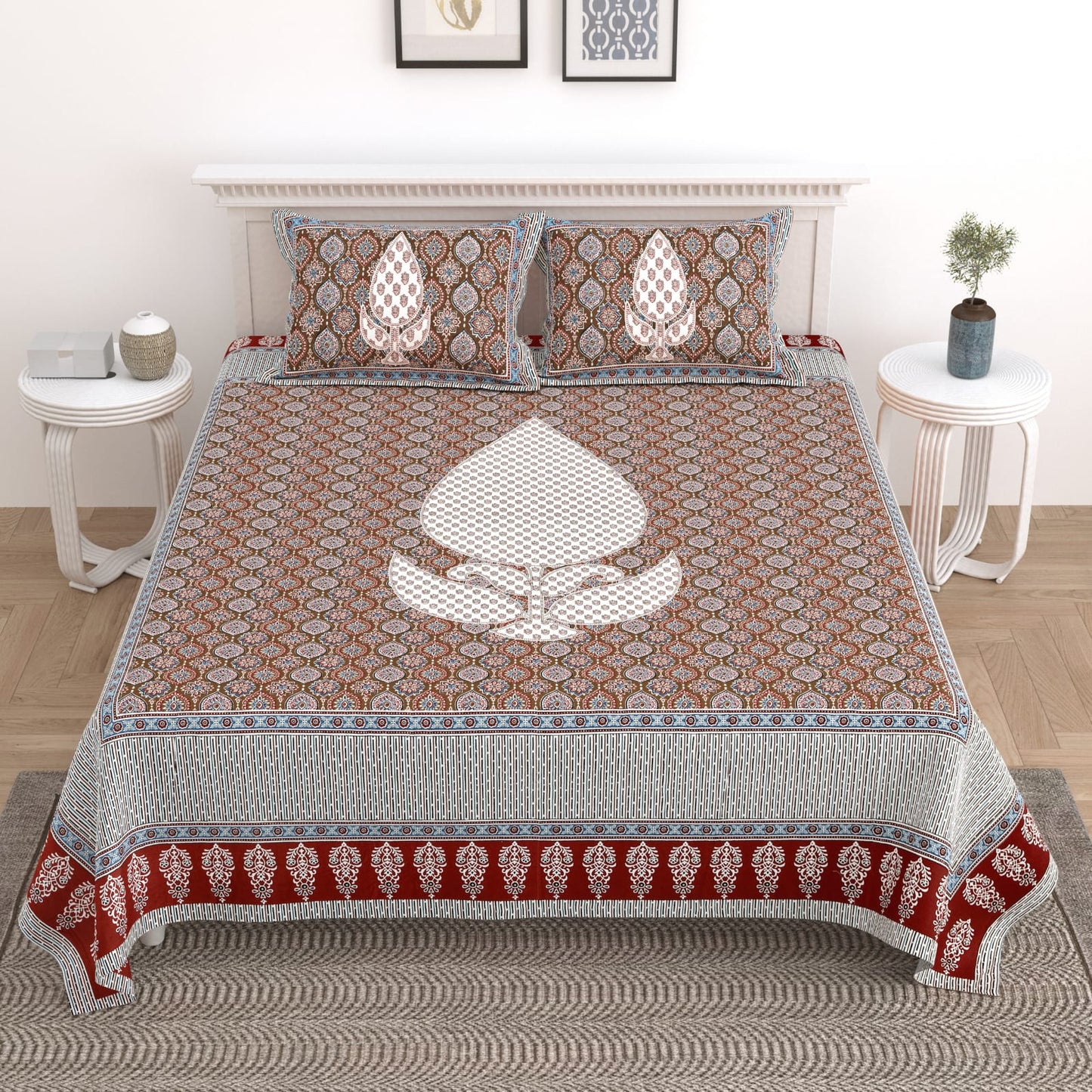 King Size Cotton Bedsheet 108x108 with 2 Pillow Covers | Mughal Buta Print Bedsheet Double Bed | Ethnic Designer Bedsheet