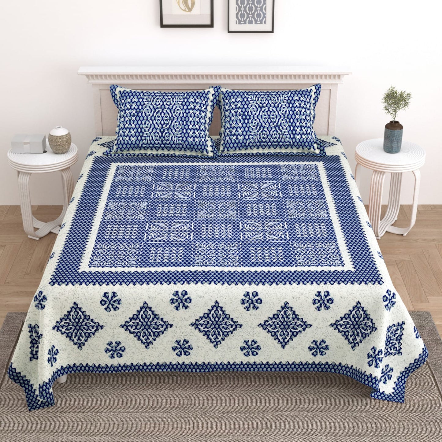 King Size Cotton Bedsheet 108x108 with 2 Pillow Covers | Traditional Jaal Block Print Bedsheet Double Bed | Ethnic Designer Bedsheet