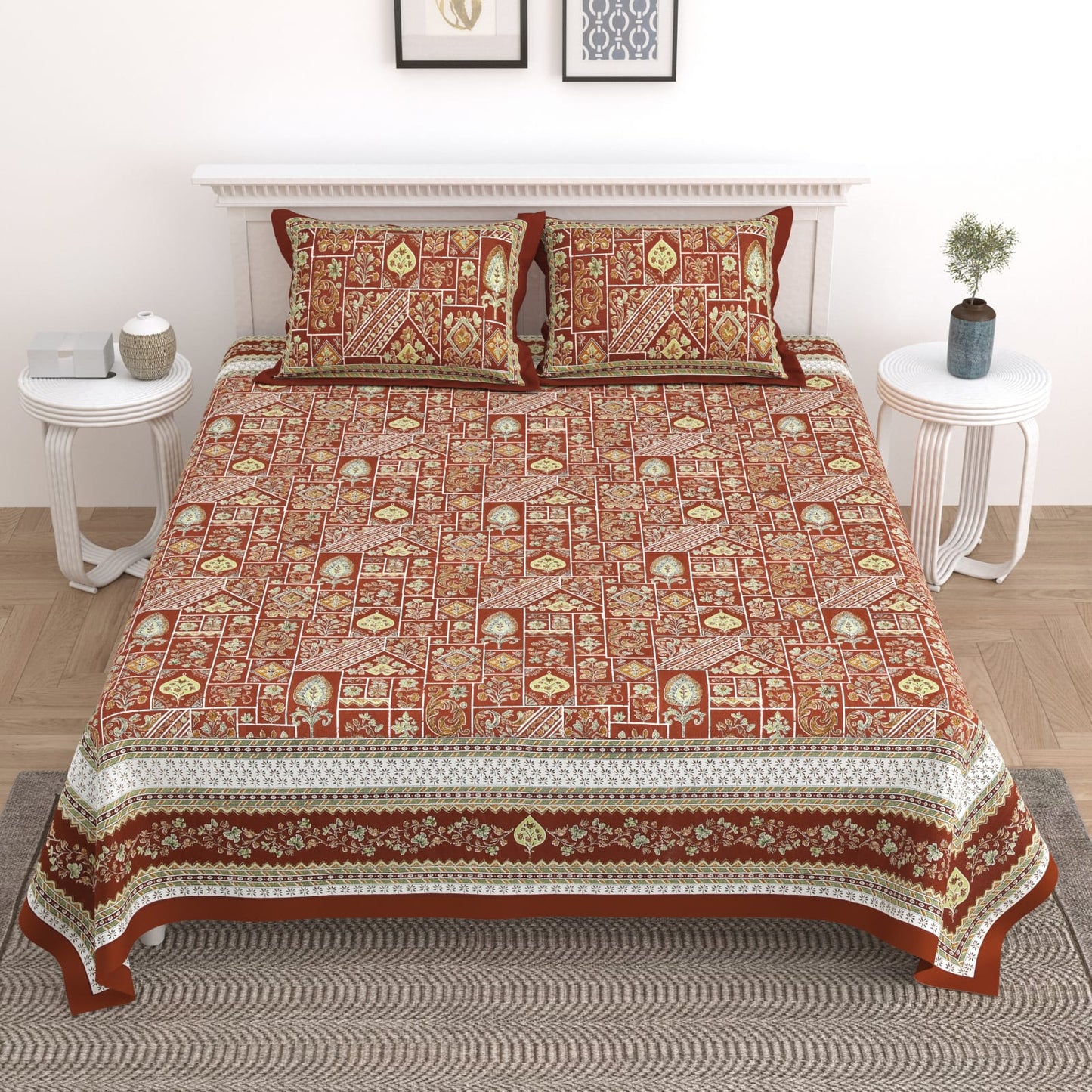 King Size Cotton Bedsheet 108x108 with 2 Pillow Covers | Jaipuri Patchwork Print Bedsheet Double Bed | Ethnic Batik Style Designer Bedsheet