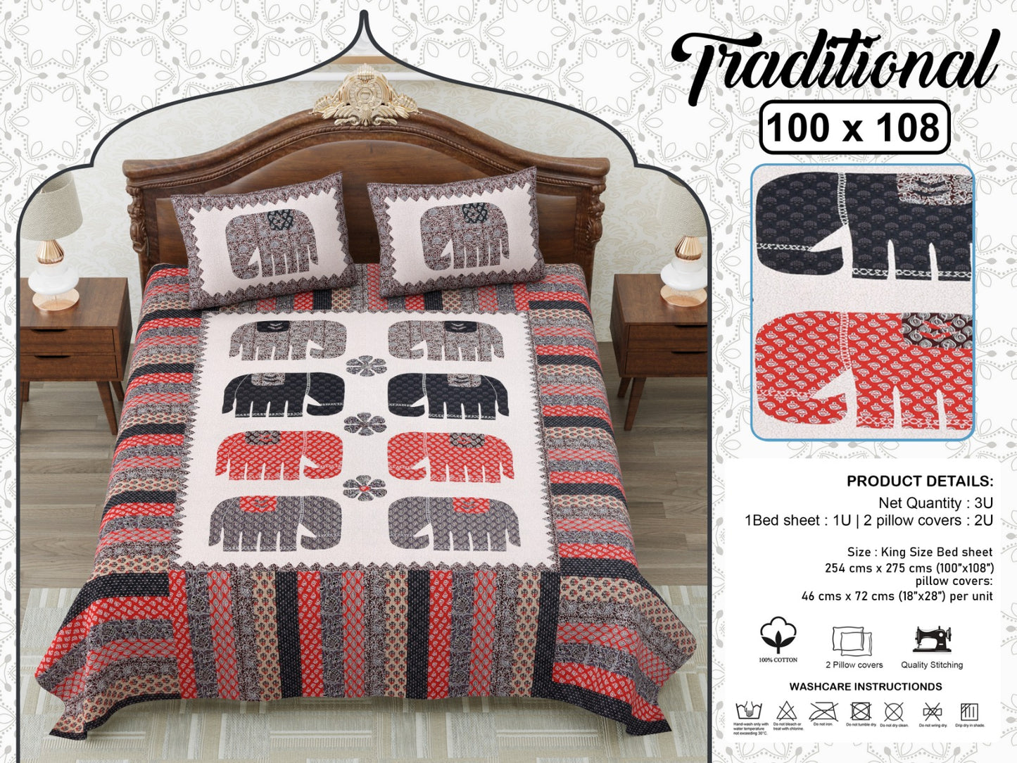 Jaipuri Elephant Print King Size Cotton Bedsheet (100×108 Inch) – Ethnic Heritage Design with 2 Pillow Covers