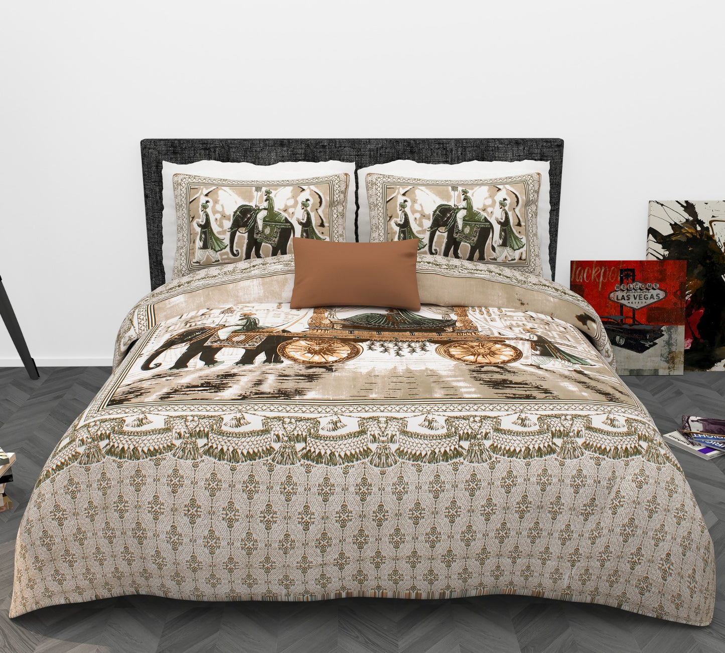 Royal Elephant Print Cotton King Size Bedsheet Set (90x108 inch) with 2 Pillow Covers | Traditional Ethnic Heritage Design | Premium Statement Bedding
