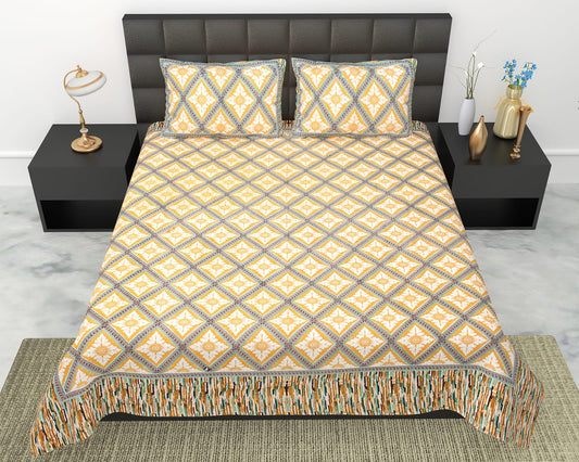 Geometric Diamond Print Cotton King Size Bedsheet Set (90x108 inch) with 2 Pillow Covers | Modern Repeating Pattern Bedding