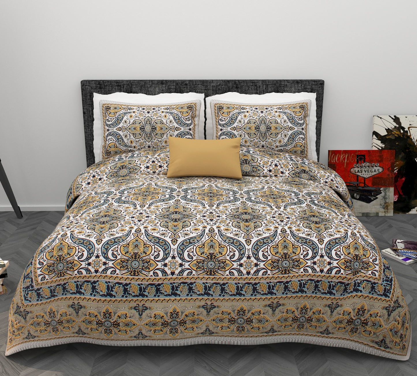 Ornamental Mughal Floral Print Cotton King Size Bedsheet Set (90x108 inch)
