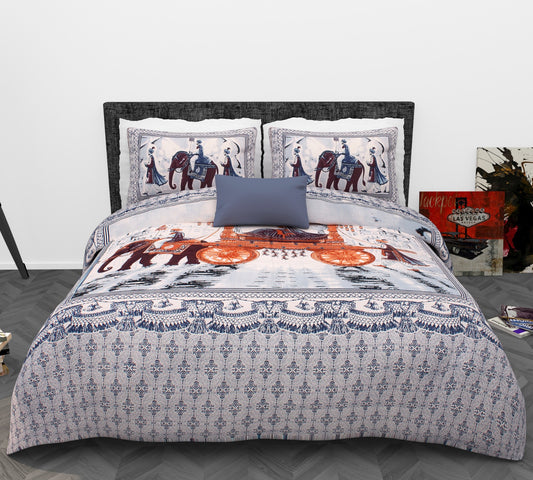 Royal Elephant Print Cotton King Size Bedsheet Set (90x108 inch) with 2 Pillow Covers | Traditional Ethnic Heritage Design | Premium Statement Bedding
