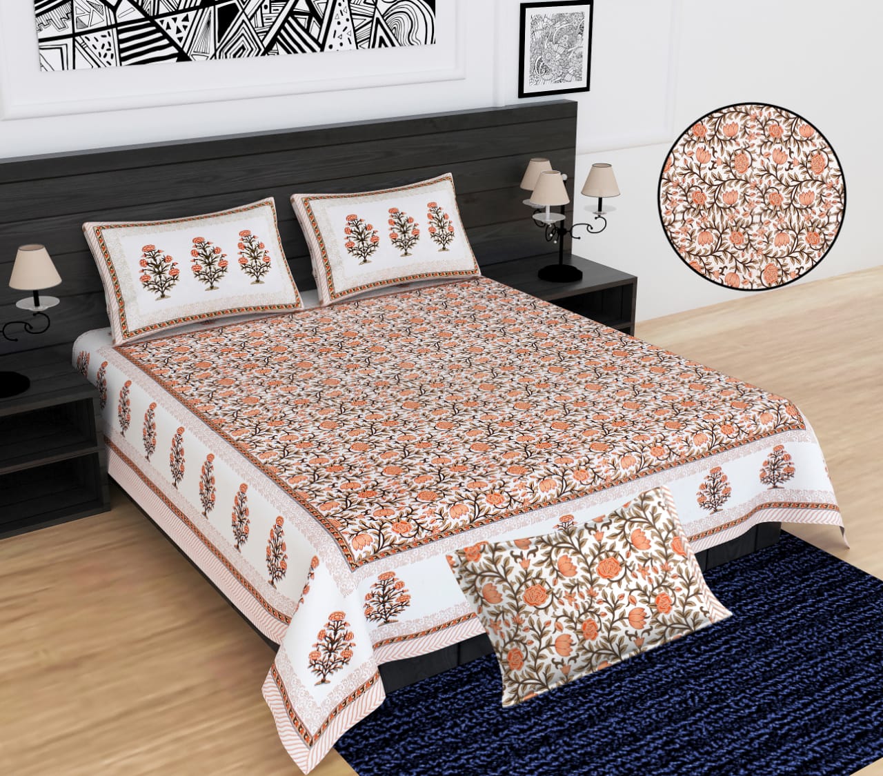 Floral Buta Print Cotton King Size Bedsheet Set (90x108 inch)