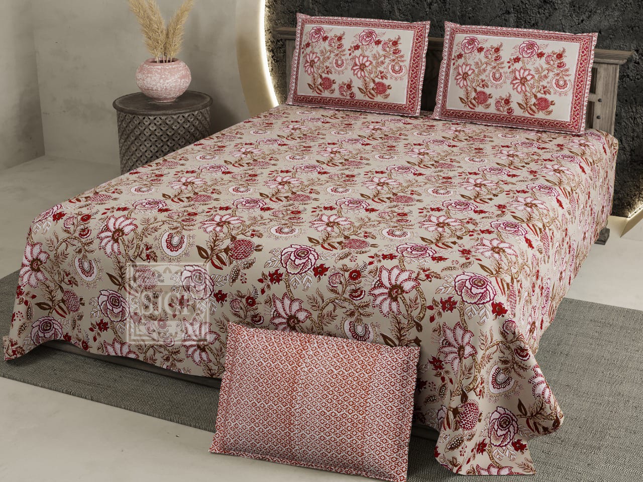 Jaipuri Floral King Size Cotton Bedsheet (108×108 Inch) – Premium Block Print Design with 2 Pillow Covers