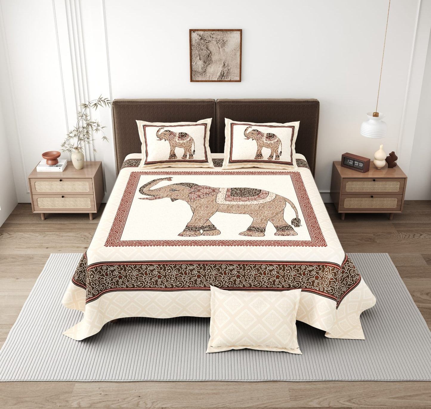 Jaipuri Elephant Motif King Size Cotton Bedsheet (108×108 Inch) – Ethnic Heritage Design with 2 Pillow Covers | Premium Traditional Bedding