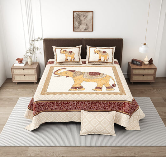 Jaipuri Elephant Motif King Size Cotton Bedsheet (108×108 Inch) – Ethnic Heritage Design with 2 Pillow Covers | Premium Traditional Bedding