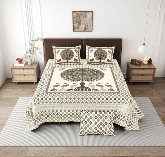 Jaipuri Tree of Life King Size Cotton Bedsheet (108×108 Inch) – Ethnic Animal Motif with 2 Pillow Covers | Premium Heritage Collection