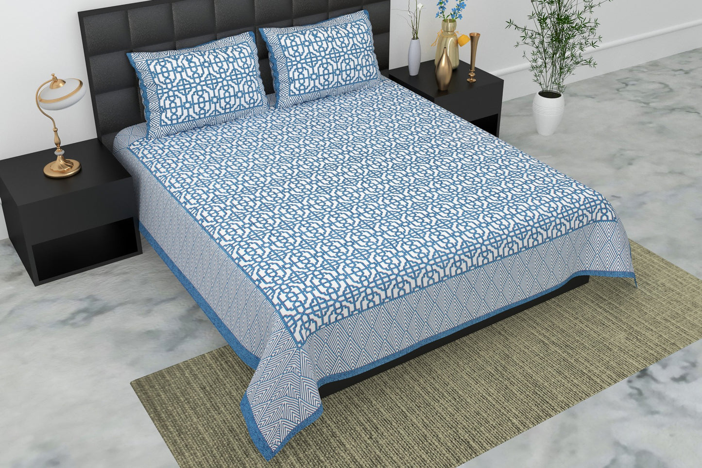 Pearl Ek Moti Geometric Printed Pure Cotton Double Bedsheet with 2 Pillow Covers