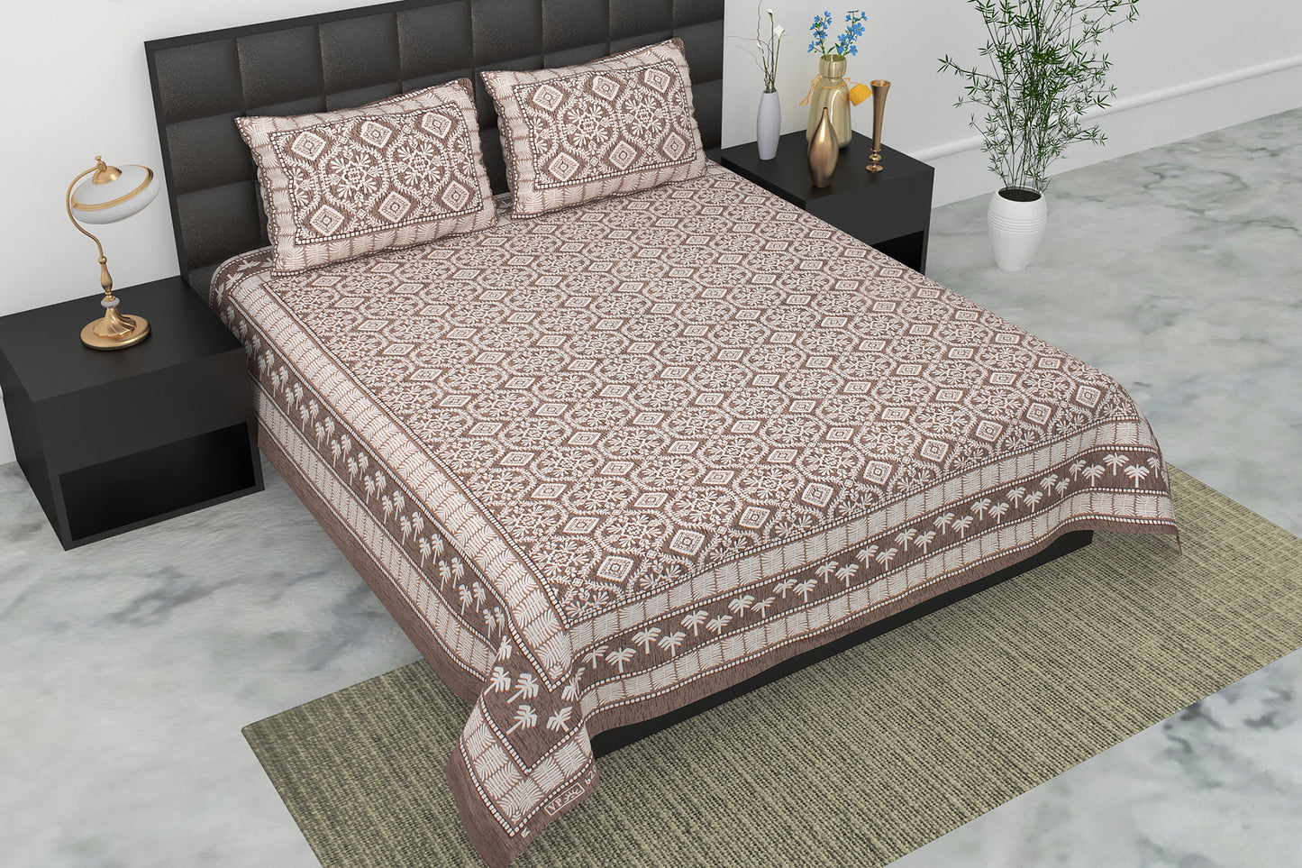 Pearl Ek Moti Floral Geometric Pure Cotton Double Bedsheet with 2 Pillow Covers