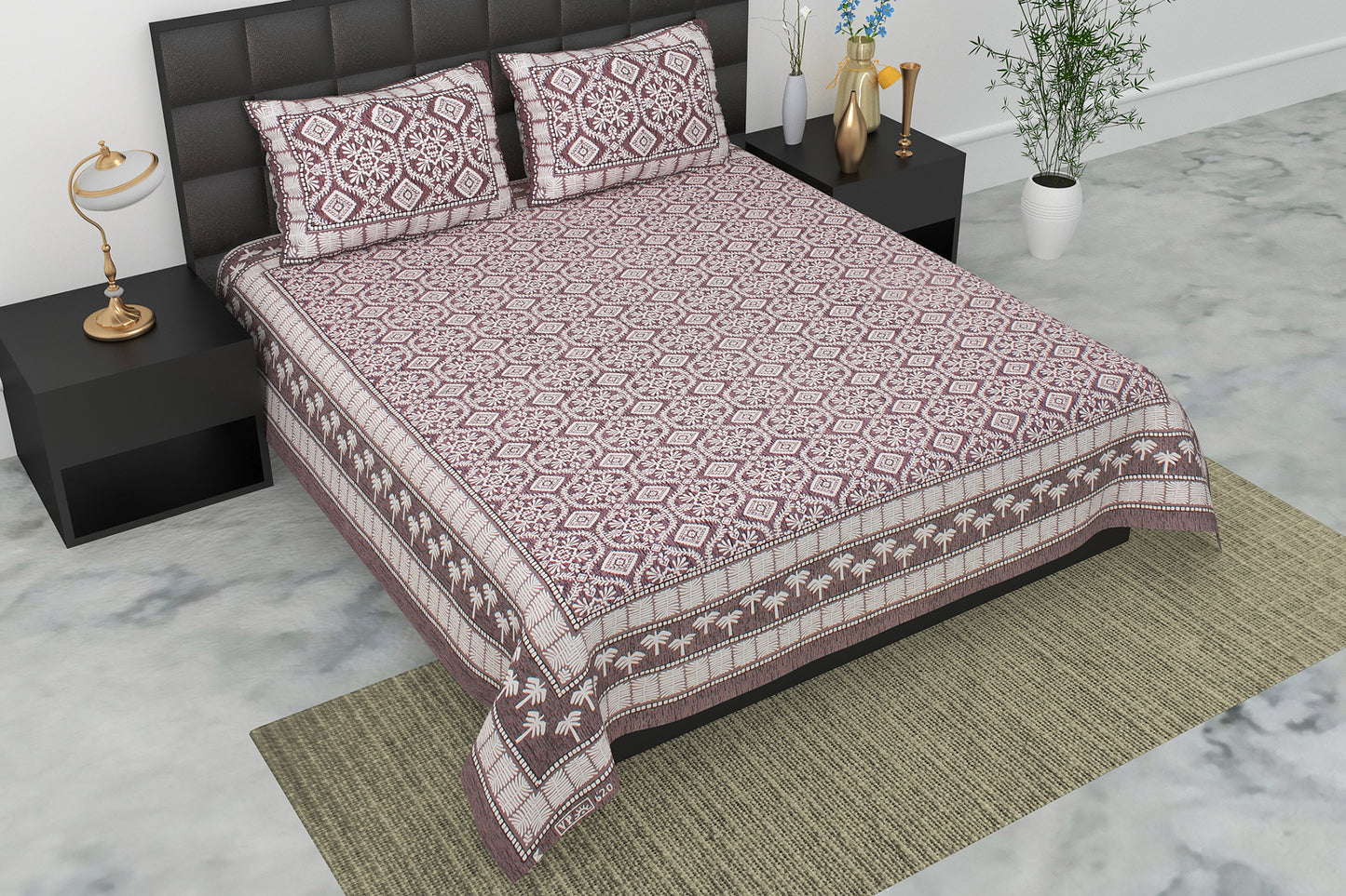 Pearl Ek Moti Floral Geometric Pure Cotton Double Bedsheet with 2 Pillow Covers