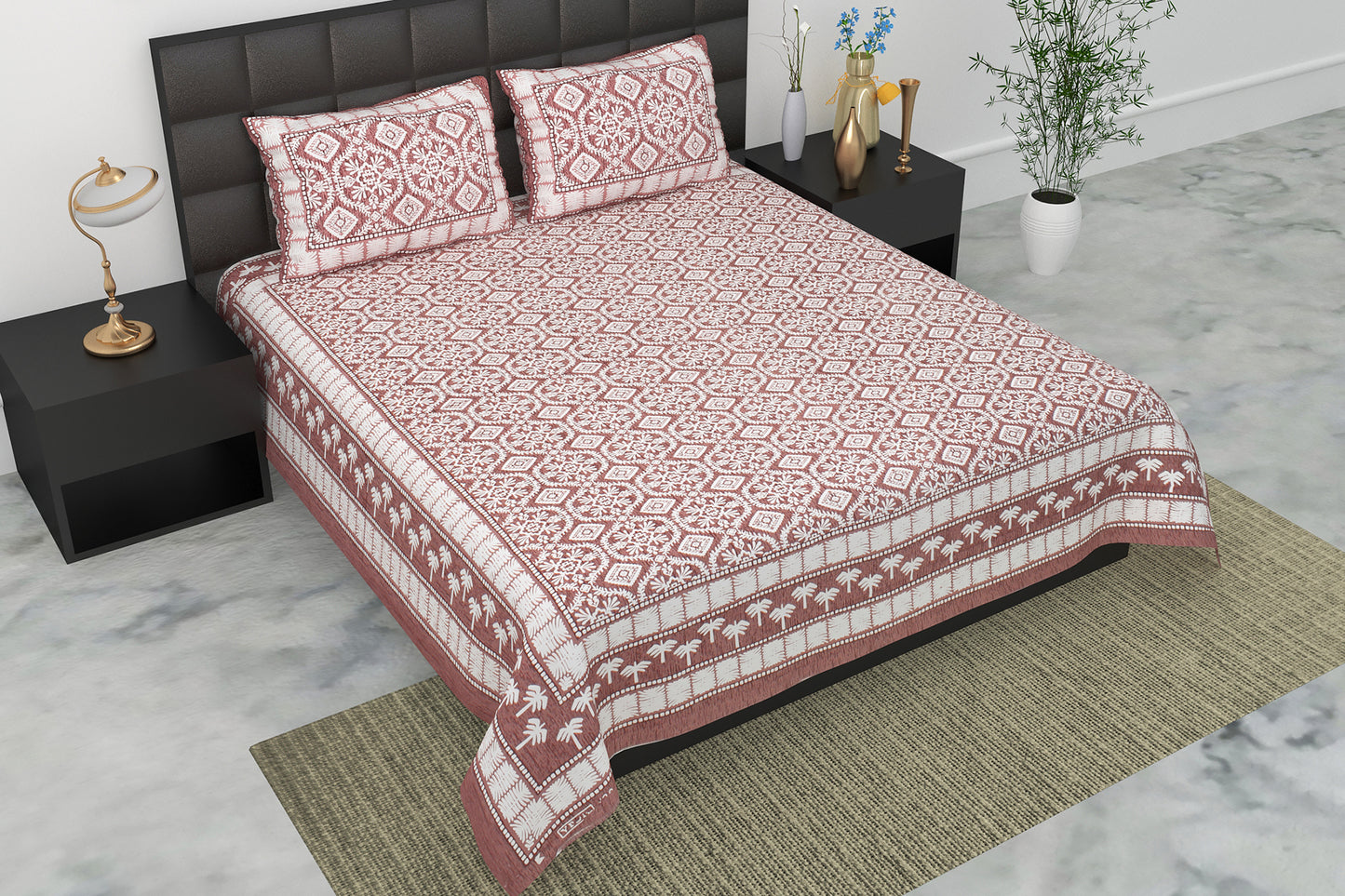 Pearl Ek Moti Floral Geometric Pure Cotton Double Bedsheet with 2 Pillow Covers