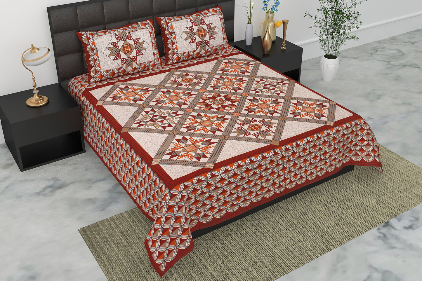 Pearl Ek Moti Patchwork Print Pure Cotton Double Bedsheet with 2 Pillow Covers