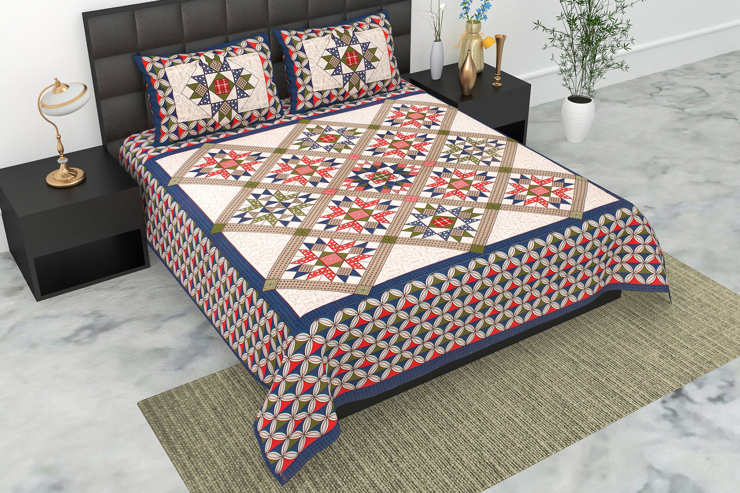 Pearl Ek Moti Patchwork Print Pure Cotton Double Bedsheet with 2 Pillow Covers