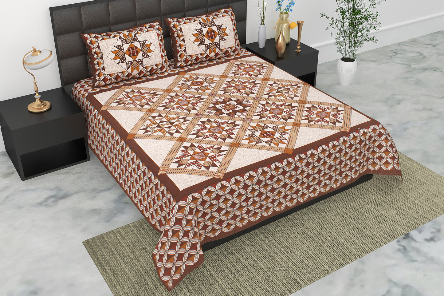 Pearl Ek Moti Patchwork Print Pure Cotton Double Bedsheet with 2 Pillow Covers