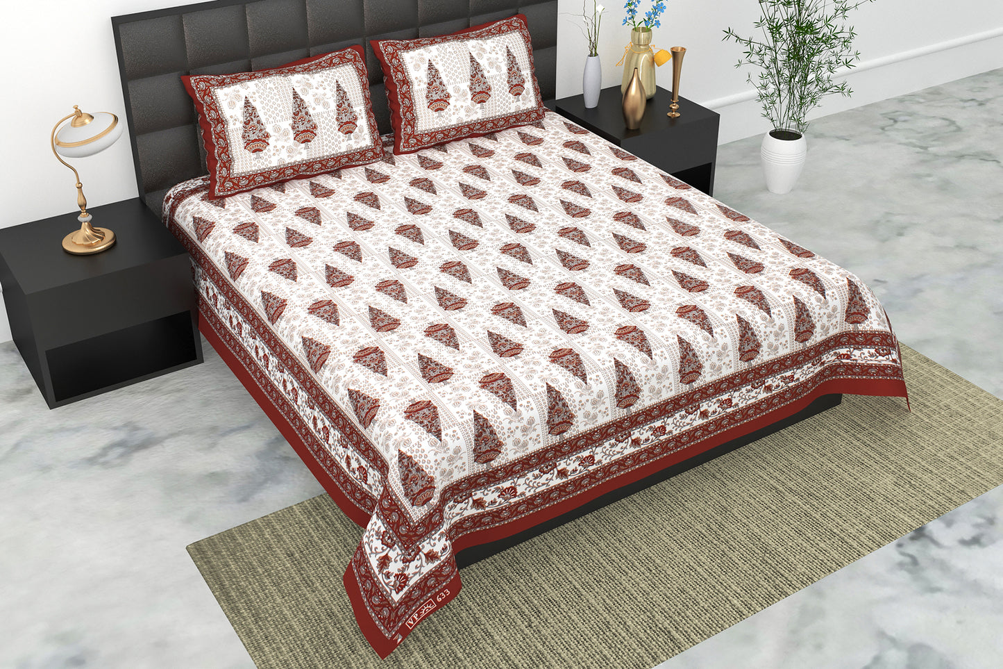 Pearl Ek Moti Ethnic Booti Printed Pure Cotton Double Bedsheet with 2 Pillow Covers