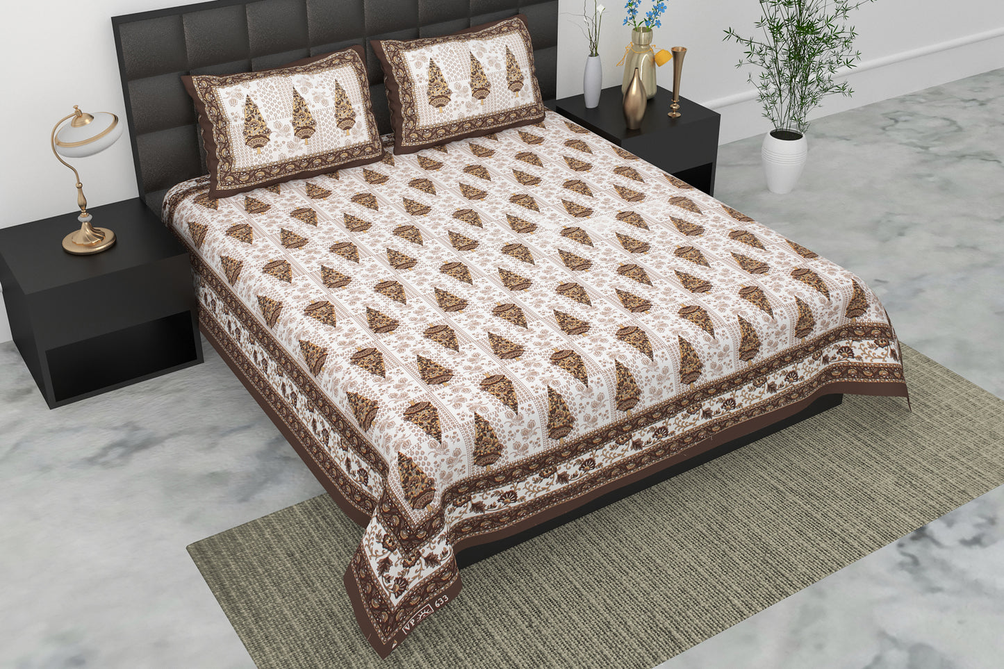 Pearl Ek Moti Ethnic Booti Printed Pure Cotton Double Bedsheet with 2 Pillow Covers