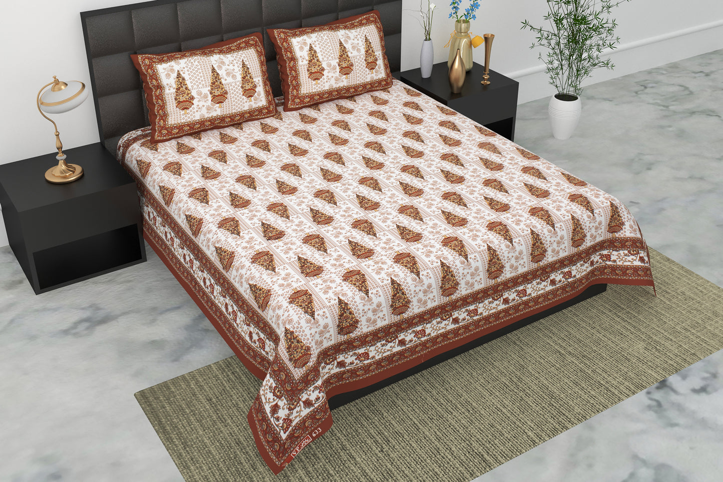 Pearl Ek Moti Ethnic Booti Printed Pure Cotton Double Bedsheet with 2 Pillow Covers