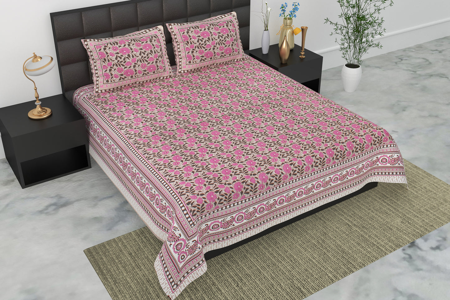 Pearl Ek Moti Floral Printed Pure Cotton Double Bedsheet with 2 Pillow Covers