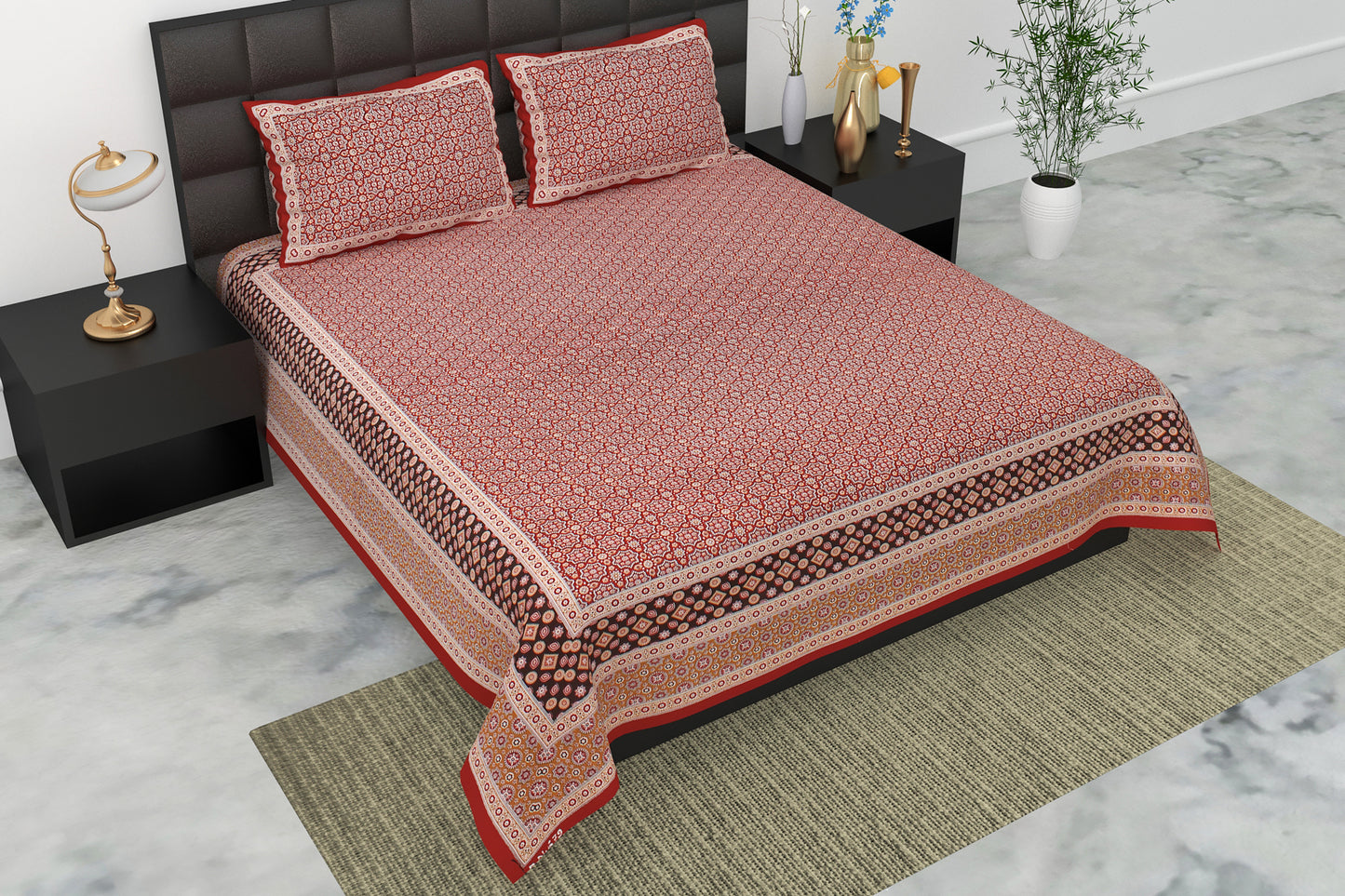 Pearl Ek Moti Floral Geometric Pure Cotton Double Bedsheet with 2 Pillow Covers