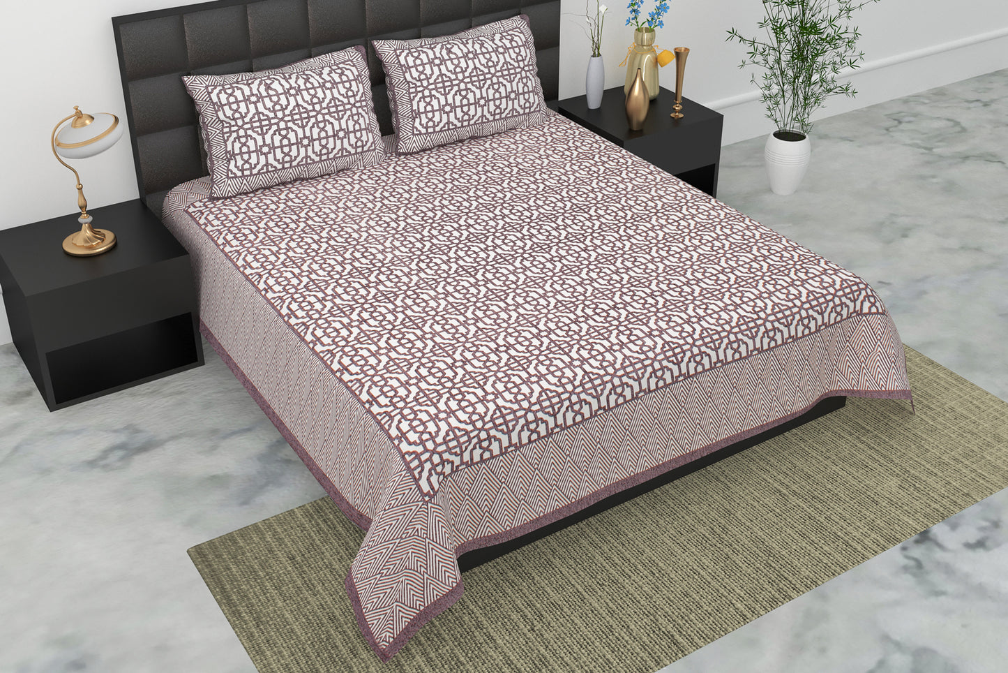 Pearl Ek Moti Geometric Printed Pure Cotton Double Bedsheet with 2 Pillow Covers